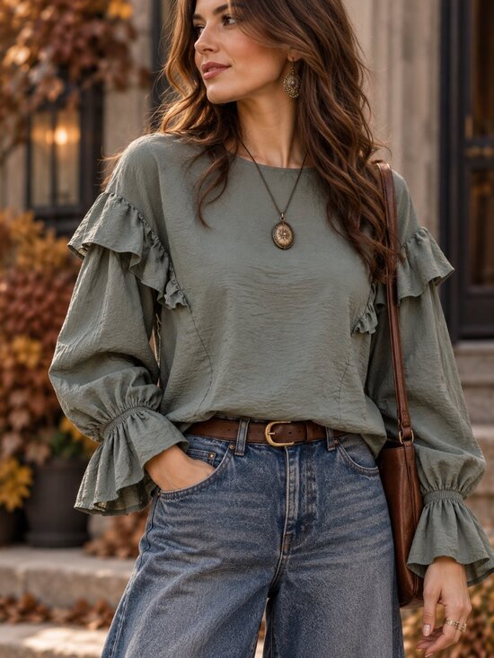 Prologue Tops - Sage Ruffle Balloon Sleeve Blouse L Romantic Prairie Whimsigoth Prologue EUC